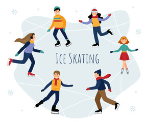 Fototapeta premium Vector set with children ice skating. Children ice skating on a frozen lake. Winter fun.