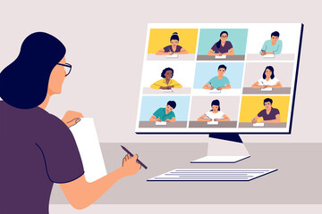Online class. Concept of remote learning. Teacher with computer. Vector illustration.
