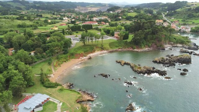 Beach in beautiful village  of Candas,Asturias. Spain. Aerial Drone Footage