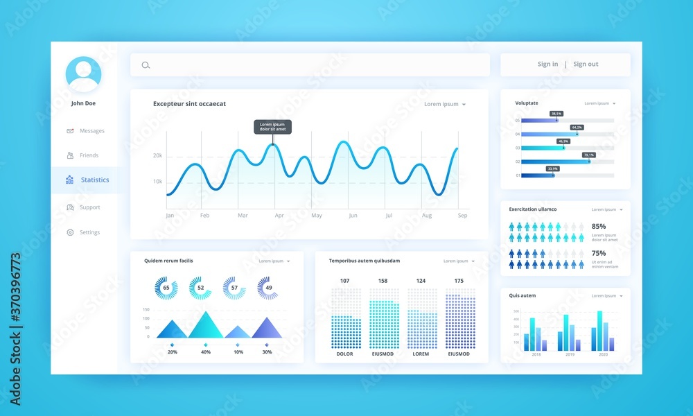 Poster Infographic dashboard. UI kit with diagrams, pie charts, line progress bars and histogram graphs for business presentation. Vector illustration admin panel interfaces elements