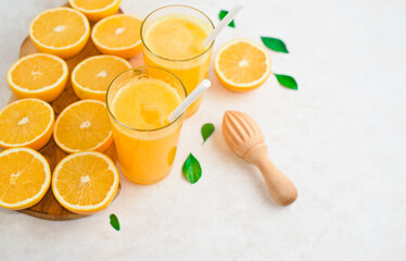 top view of the process of making fresh orange juice, flat lay