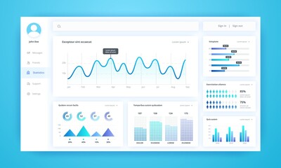 Infographic dashboard. UI kit with diagrams, pie charts, line progress bars and histogram graphs for business presentation. Vector illustration admin panel interfaces elements - obrazy, fototapety, plakaty