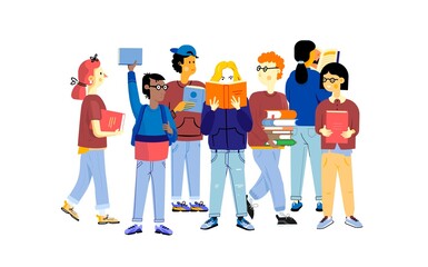Student characters. Young happy boys and girls studying and carrying books, education concept. Vector cartoon trendy flat set of school children studying together