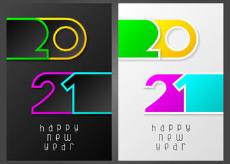 Set of Happy New Year 2021 posters with numbers cut out of colored paper. Winter holidays greeting or invitation. Vector illustration on black and white backgrounds.