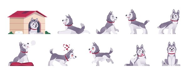 Cartoon dog. Happy flat playful puppy in different poses and doing tricks, cute comic pet with emotions. Vector set illustration of playful funny animal activity