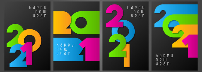 Set of Happy New Year 2021 posters with numbers cut out of colored paper. Winter holidays greeting or invitation. Vector illustration on black background.