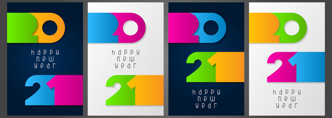Set of Happy New Year 2021 posters with numbers cut out of colored paper. Winter holidays greeting or invitation. Vector illustration on blue and white backgrounds.