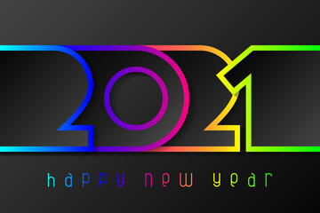 Happy New Year 2021 poster with numbers cut out of colored paper. Winter holidays greeting or invitation. Vector illustration on black background.