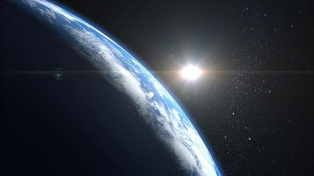 Sunrise over the Earth. View from space. The horizon is turned to the right. The earth rotates towards the sun. The camera moves away. Realistic atmosphere. 4K. 3d rendering. Stars twinkle.