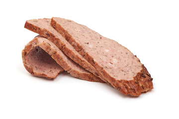 Sliced Baked meatloaf, minced meat roll, isolated on white background