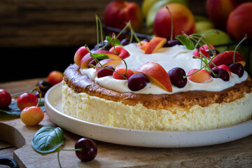 Cheesecake garnished with whipped cream, cherries and peaches.
