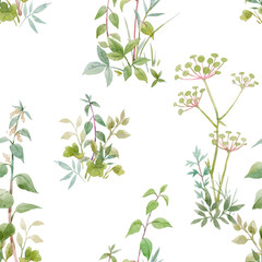 Beautiful seamless floral pattern with watercolor forest plants. Stock illustration.