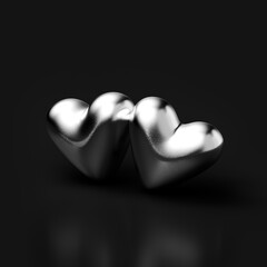 two silver hearts on a black background, valentine's day, web banner or template, 3d rendering