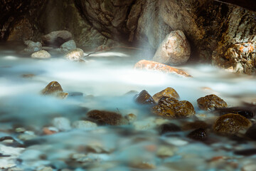 Long exposure of water flowing in via ferrata Hvadnik near Kranjska Gora, Slovenia