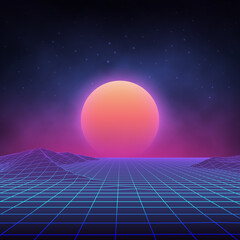 Futuristic retro landscape of the 80`s. Vector futuristic illustration of sun with mountains in retro style. Digital Retro Cyber Surface. Suitable for design in the style of the 1980`s.