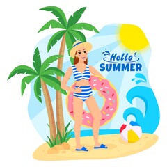 Modern concept of a summer beach. A girl with a swimming circle on the beach in a hat is resting. Summer elements palm trees, ball, beach, sun, sea, sand. Hello Summer.