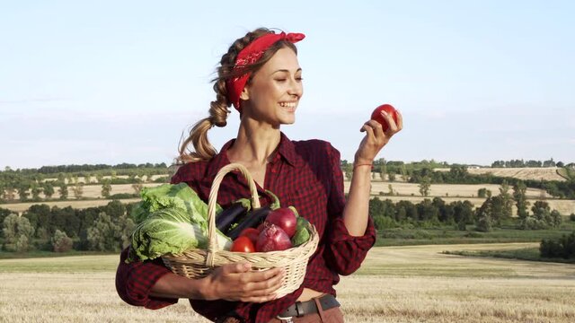 Woman farmer holding basket vegetable onion tomato salad cucumber standing farmland smiling Female agronomist specialist farming agribusiness Pretty girl dressed red checkered shirt and bandana