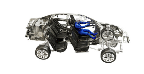 Sectional view of a car with driver, car components, chassis, chassis, car frame, 3d rendering, 3d illustration