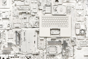 Computer parts and spare it parts aerial view background.