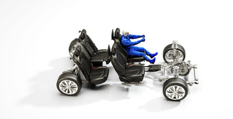 Uniformed driver drives an imaginary car without car frame, without chassis, car components, 3d rendering, 3d illustration