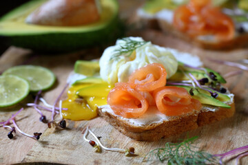 Sandwich with salmon, poached egg and avocado