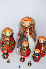 Decorative black and white rat sniffs toys.Many red wooden dolls matryoshka. Traditional Russian...