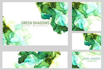 Green shades watercolor cards collection, wet liquid