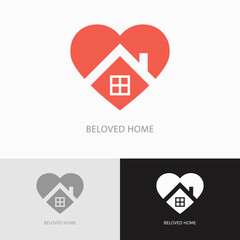 House in red heart shape designed as an abstract logo icon template for real estate business or rental company. Love, care and comfort at sweet home - vector sign on black, gray, white backgrounds V2