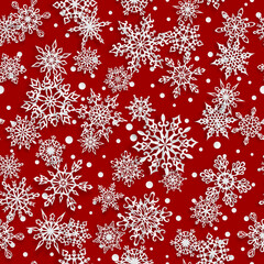 Obraz na płótnie Canvas Christmas seamless pattern of paper snowflakes with soft shadows on red background