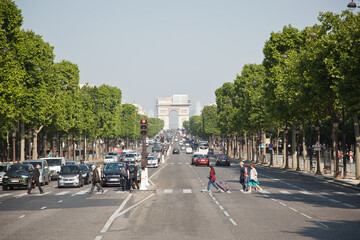 PARIS, FRANCE - MAY 30: The Champs-Elysees and the Arc de Triomphe, on May 30, 2014 in Paris,...