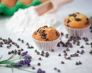 Baked muffins with chocolate drops