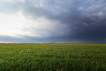 overcast clouds over a green field / landscape before a thunderstorm