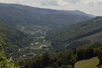 Beautiful Village on Carpathian Mountain with River, Forest, Buildings on sunny Day