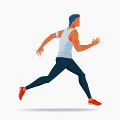 A strong-built man in sportswear with a heart rate monitor on his hand is jogging. Vector flat design illustration.