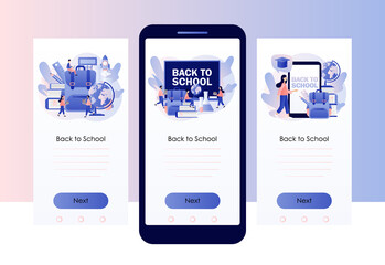 Back to School. Education concept. Tiny people with school stationery. Screen template for mobile smart phone. Modern flat cartoon style. Vector illustration on white background