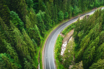 Fototapeta na wymiar Aerial view of road in beautiful green forest at sunset in summer. Colorful landscape with roadway, pine trees, river in Carpatian mountains. View from drone of curve road. Travel in Ukraine. Top view