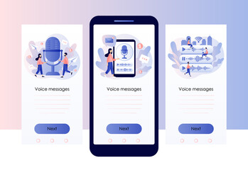 Voice messages concept. Tiny people use  microphone to record message. Chat app. Screen template for mobile smart phone. Modern flat cartoon style. Vector illustration on white background