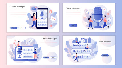 Fototapeta na wymiar Voice messages concept. Chat app. Screen template for mobile smart phone, landing page, template, ui, web, mobile app, poster, banner, flyer. Modern flat cartoon style. Vector illustration 