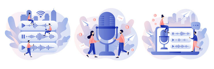Voice messages concept. Tiny people use  microphone to record message. Chat app. Modern flat cartoon style. Vector illustration on white background