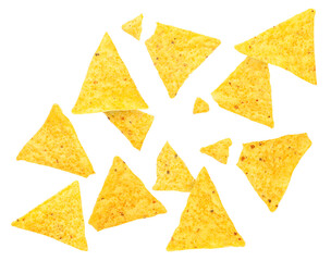 Triangular chips on a white background are flying. Isolated