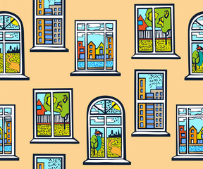 Hand drawn vector flat windows with landscape. Hand drawn ink illustration. Modern ornamental decorative background. Vector pattern. Print for textile, cloth, wallpaper, scrapbooking