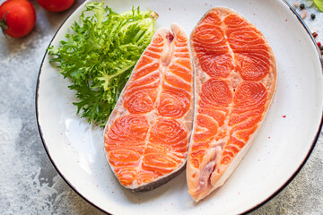 salmon raw fillet steak natural product ingredient organic eating healthy. top view place for text copy space keto or paleo diet raw second course pescetarian
