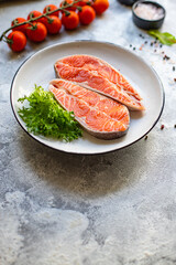 salmon raw fillet steak natural product ingredient organic eating healthy. top view place for text copy space keto or paleo diet raw second course pescetarian