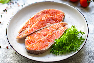 salmon raw fillet steak natural product ingredient organic eating healthy. top view place for text copy space keto or paleo diet raw second course pescetarian
