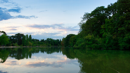 Sky, clouds, trees and lake during a warm summer sunset