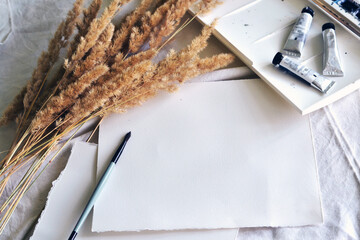 Blank white sheet. Watercolor notebook paper for desing, mockup. Rustic style, Boho style