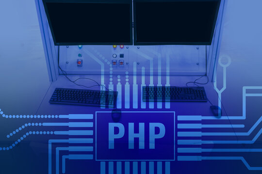PHP logo on the background of computers. Hypertext preprocessor. Software development. PHP letters simulate a printed circuit Board. Computer language.