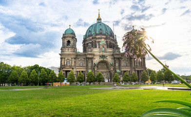 Beautiful view of historic Berlin Cathedral (Berliner Dom) at famous Museumsinsel (Museum Island) with excursion boat on Spree river 