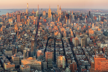 Golden Light Aerial Panorama View Of New York City Skyline
