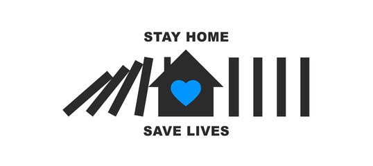 Stay Home Save Lives text with domino effect and house with heart inside vector logo designed as coronavirus quarantine typography and social distance design concept. Stop COVID 19 pandemic chain V1